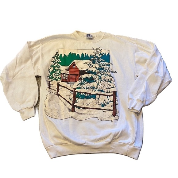 Vintage Tops - Vintage Textured 3D Cabin Winter Snow Crewneck Sweatshirt Sun Sportswear Large